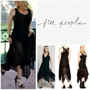 NWT Free People Lila sheer lace black maxi dress with asymmetrical hemline sz S!